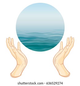 Human hands hold the sphere symbolizing the sea. Vector illustration isolated on a white background.