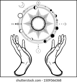 Human hands hold a stylized solar system, cosmic symbols, phase of the moon. Magic, alchemy, occult. Monochrome vector illustration isolated on white background. Print, poster, T-shirt, postcard.