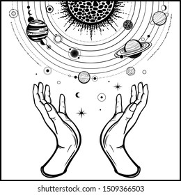 Human hands hold a stylized solar system, cosmic symbols, stars. Magic, alchemy,mysticism, occult. Monochrome vector illustration isolated on white background. Print, poster, T-shirt, postcard.