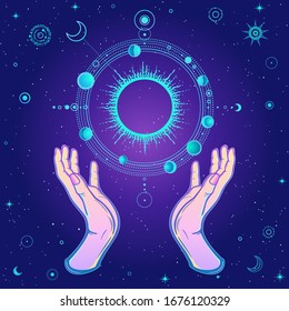 Human hands hold a stylized solar system, cosmic symbols, phase of the moon. Magic, alchemy, occult. Vector illustration. Background - night star sky. Print, poster, T-shirt, postcard.