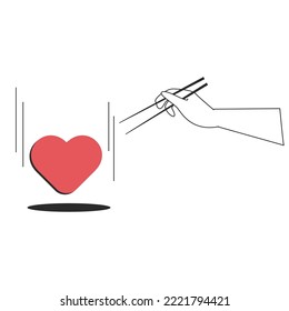 Human Hands Hold Sushi Chopsticks And Grab A Heart Hanging In The Air. Vector Illustration In Outline Style. Tattoo Ideas.