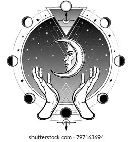 Human hands hold a symbol of the moon. Background - a circle of the night star sky, a phase of the moon. Vector illustration isolated on a white background. Print, poster, t-shirt, card.