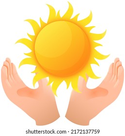 Human hands hold symbol of shining sun. conservation and rescue of solar heat. Vector illustration isolated on white background. Pure nature, environmental protection. Sweltering summer heat