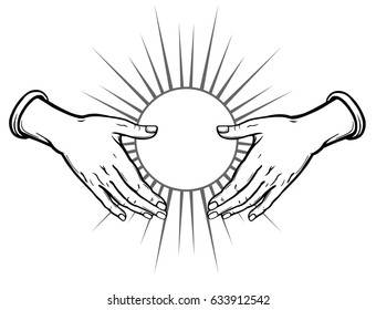 Human hands hold a symbol of the shining sun. The place for the text. Vector illustration isolated on a white background.