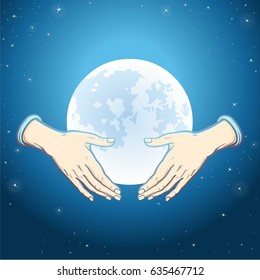 Human hands hold a symbol of the shining moon. Color vector illustration. Background - the night stellar sky.