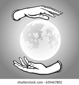 Human hands hold a symbol of the shining moon. Monochrome vector illustration isolated on a gray background.