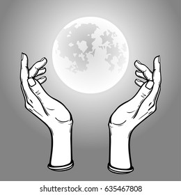 Human hands hold a symbol of the shining moon. Monochrome vector illustration isolated on a gray background.