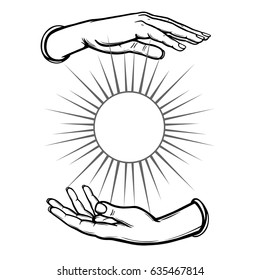 Human hands hold a symbol of the shining sun. The place for the text. Vector illustration isolated on a white background.