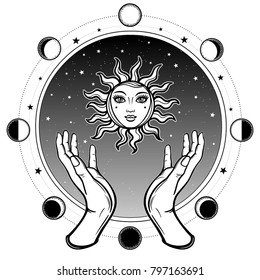 Human hands hold a symbol of the sun. Background - a circle of the night star sky, a phase of the moon. Vector illustration isolated on a white background. Print, poster, t-shirt, card.