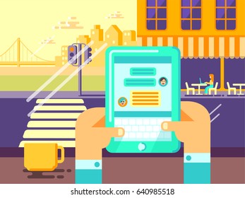 Human Hands Hold Tablet with Messenger App, Keyboard, and Cup of Coffee. Girl is Working in Cafe in the Big City. Flat Illustration of Texting via Messenger in Cafe on the Big City Skyline