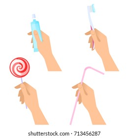 Human hands hold toothbrush, toothpaste tube, lollipop and drinking straw. Flat illustration of male and female hands with candy, straw and teeth, mouth care and hygiene tools. Vector design elements.