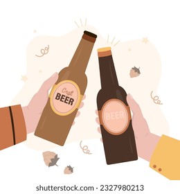 Human hands hold two beer bottles. Clink glasses bottles. Pub party celebration. Two drunk people drinking beer on white background. Cheers, buddy. Alcohol, bar party. flat vector illustration