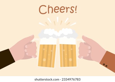 Human hands hold two beer mugs. Clink glasses with foam. Pub party celebration. Two drunk people drinking beer. Cheers, buddy. Alcohol, bar party. flat vector illustration