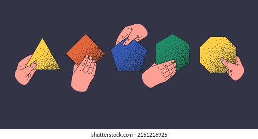 Human hands hold various geometric flat shapes. A set of isolated objects on a dark background.