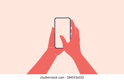 Las manos humanas mantienen un teléfono móvil verticalmente con pantalla en blanco. El brazo femenino está tocando la pantalla del smartphone con el dedo pulgar. Dibujo vectorial de dibujos animados de color plano. 