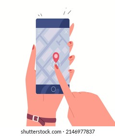 Human hands hold vertically mobile phone with with map on screen. Females arm is touching smartphone display with forefinger. Flat colorful cartoon vector illustration.