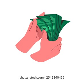 Manos humanas sostienen fajo de dinero. La persona rica cuenta la pila de billetes de dólar, billetes verdes para pagar en efectivo. Concepto de moneda, pago, ahorro. Ilustración vectorial aislada plana sobre fondo blanco