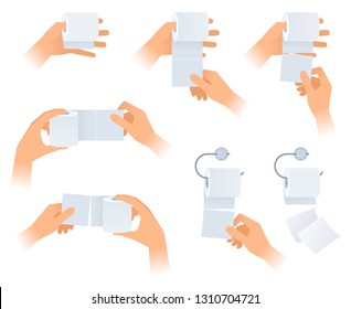 A human hands hold, wipe and tear off a toilet paper. The lavatory, wc and restroom vector element set isolated on white background. Flat concept illustration of hands with a rolls of toilet paper.