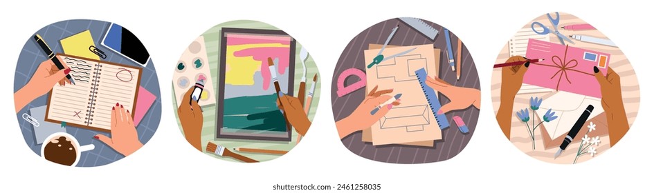 Human hands hold writing and drawing supplies. People draw, write and take notes, top view of desktop, office supplies, creative hobbies, cartoon flat style isolated, tidy vector set