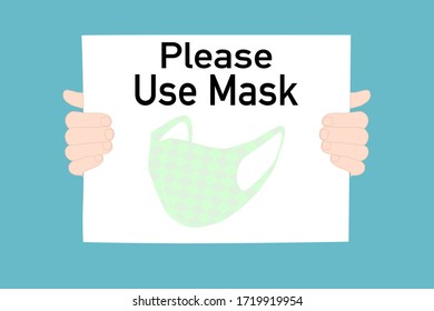 Human hands holding advertising card with text and fabric mask within. Disease prevention. Personal hygiene. Announcements, information of medical concept. 