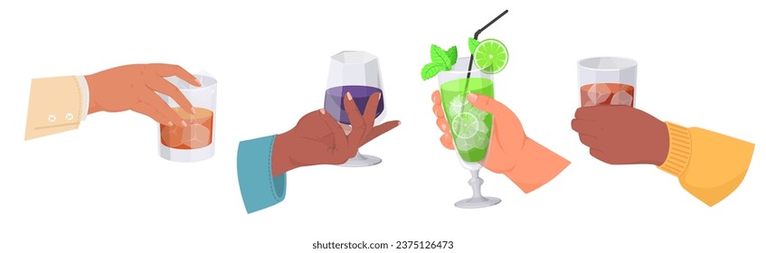 Human hands holding alcohol cocktail and drinks isolated vector illustration set on white background. Man and woman with mojito, whiskey, wine and brandy cognac glass