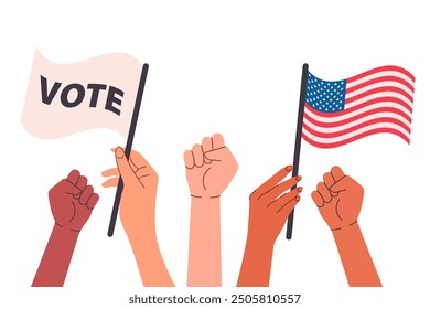 Manos humanas sosteniendo la bandera americana. Campaña electoral por los derechos civiles, acto de protesta, manifestación. Concepto de votación y elecciones. Ilustración vectorial en estilo plano