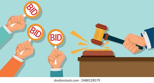 Human hands holding auction paddle and hammer. Bid plate. Auction competition, Business bidding process conceptual, Vector illustration.