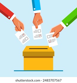 Manos humanas sosteniendo boletas para votar, poniéndolas en una urna de votación