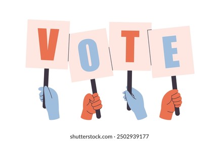 Human hands holding banners. Voting and elections concept. Vector illustration in flat style