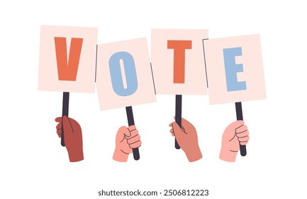 Human hands holding banners. Voting and elections concept. Vector illustration in flat style	