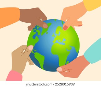 Human hands holding PLANET. Symbol of being together, support. Teamwork concept. Flat style vector illustration. 