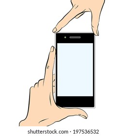 Human hands holding a black smart phone