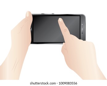 Human hands holding black smartphone with touchscreen.