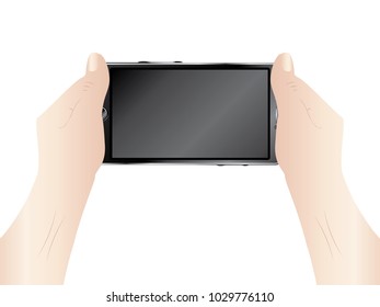 Human hands holding black smartphone with touchscreen.