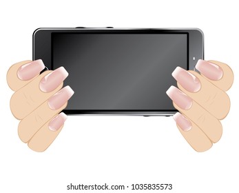 Human hands holding black smartphone with touchscreen.