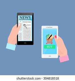 Human Hands Holding Black and White Mobile Phones. Mobile Shopping. Smart Phone with News. Vector Illustration.