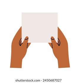 Manos humanas sosteniendo una nota en blanco o un documento, Ilustración vectorial dibujada a mano en diseño plano, aislado en blanco