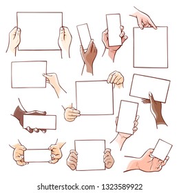 Human hands holding blank paper sheets of different size. Vector flat style cartoon illustration isolated on white background