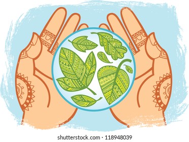 Human hands holding a blue sphere with green leaves inside. Decorative style. Vector illustration.