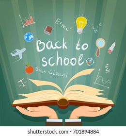 Human hands holding a book. Back to school. From textbook fly away the scientific icons in hand drawn style. Stock vector illustration.