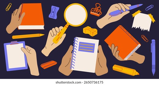 Human hands holding books, notebook, pen and magnifying glass. Readers with literature, textbooks different positions, education and knowledge, back to school. Modern retro vector set.