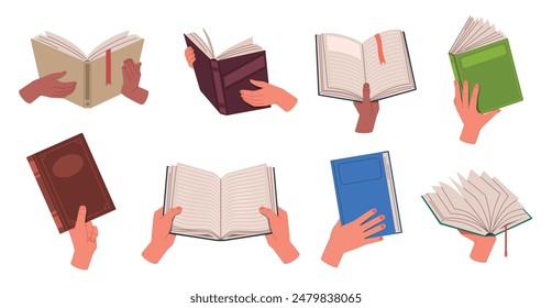 Human hands holding books. Readers with literature volumes, textbooks different positions, education and knowledge, back to school, nowaday vector cartoon flat isolated illustration set