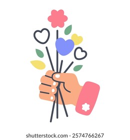 Human Hands holding bunch of Flowers. Giving Flowers. Man gives flower and hearts. Vector illustration for Flower delivery, birthday, valentines, party, holiday