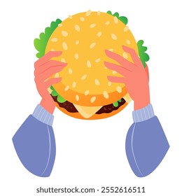 Human hands holding a burger. Street snack, fast food concept. Vector flat illustration isolated on white background. Flat cartoon style. Juicy big burger with soft sesame bun and green salad