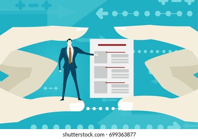 Human hands holding a businessmen and presentation paper. Business illustration