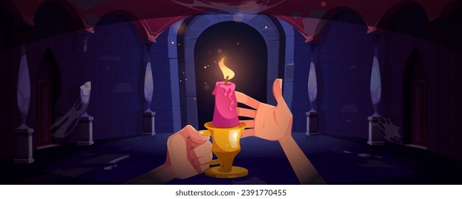 Human hands holding candle with burning flame in candlestick in forward walking along dark abandoned ancient castle or hall. Cartoon vector game spooky dungeon with stone walls and arched door.