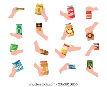 Human hands holding canned food olive tomato mushroom peach cucumber set isometric vector illustration. Man and woman arm with metallic and glass eat storage conserve nourishment preserve container