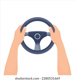 Human hands holding car steering wheel