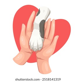 Human hands holding cartoon pets paw, gesture of love inside red heart. Funny animals foot in palms. Support and friendship, adoption mascot, cartoon cat giving paw with trust vector illustration