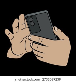 Menschliche Hände, die ein Handy halten. Person, die ein Gadget verwendet. SMS oder Kommunikation mit einem Mobiltelefon. Cartoon-Stil. Auf schwarzem Hintergrund.